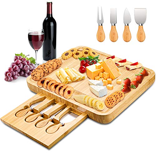 Mosskic Cheese Board and Knife Set，Bamboo Charcuterie Boards Platter Serving Tray for Housewarming Party Birthday Wedding Gifts