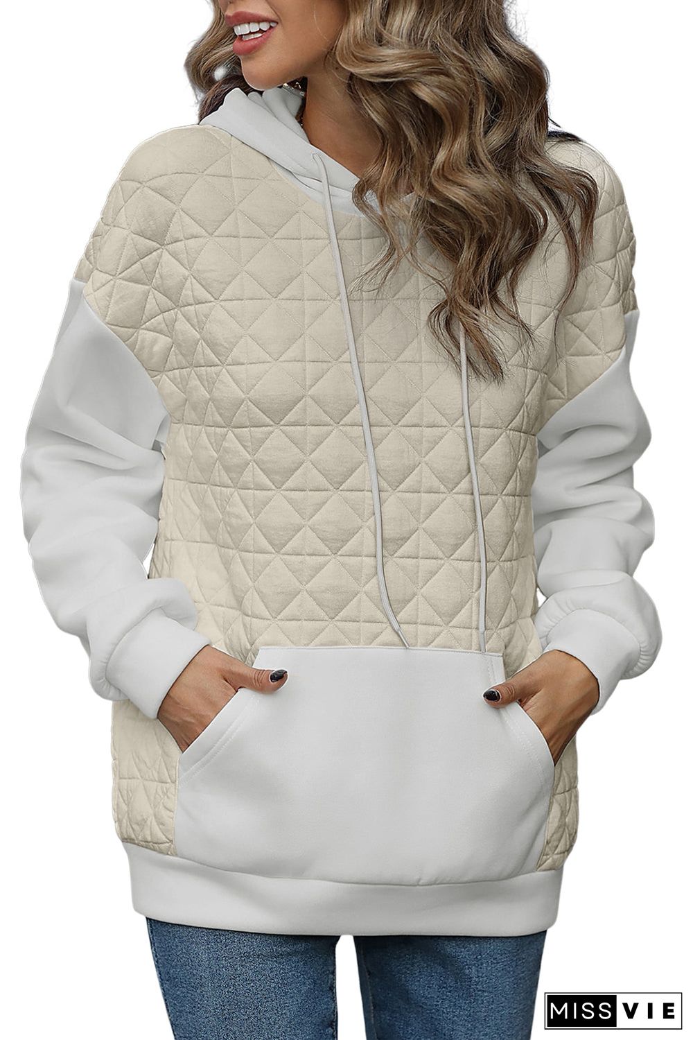 Drop Shoulder Quilted Patchwork Kangaroo Pocket Hoodie