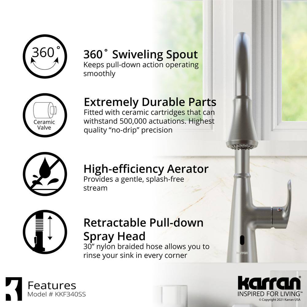 Karran QT- 810 qt. 33 in. 5050 Double Bowl Drop-In Kitchen Sink in White with Faucet in Stainless Steel QT810WHKKF340SS