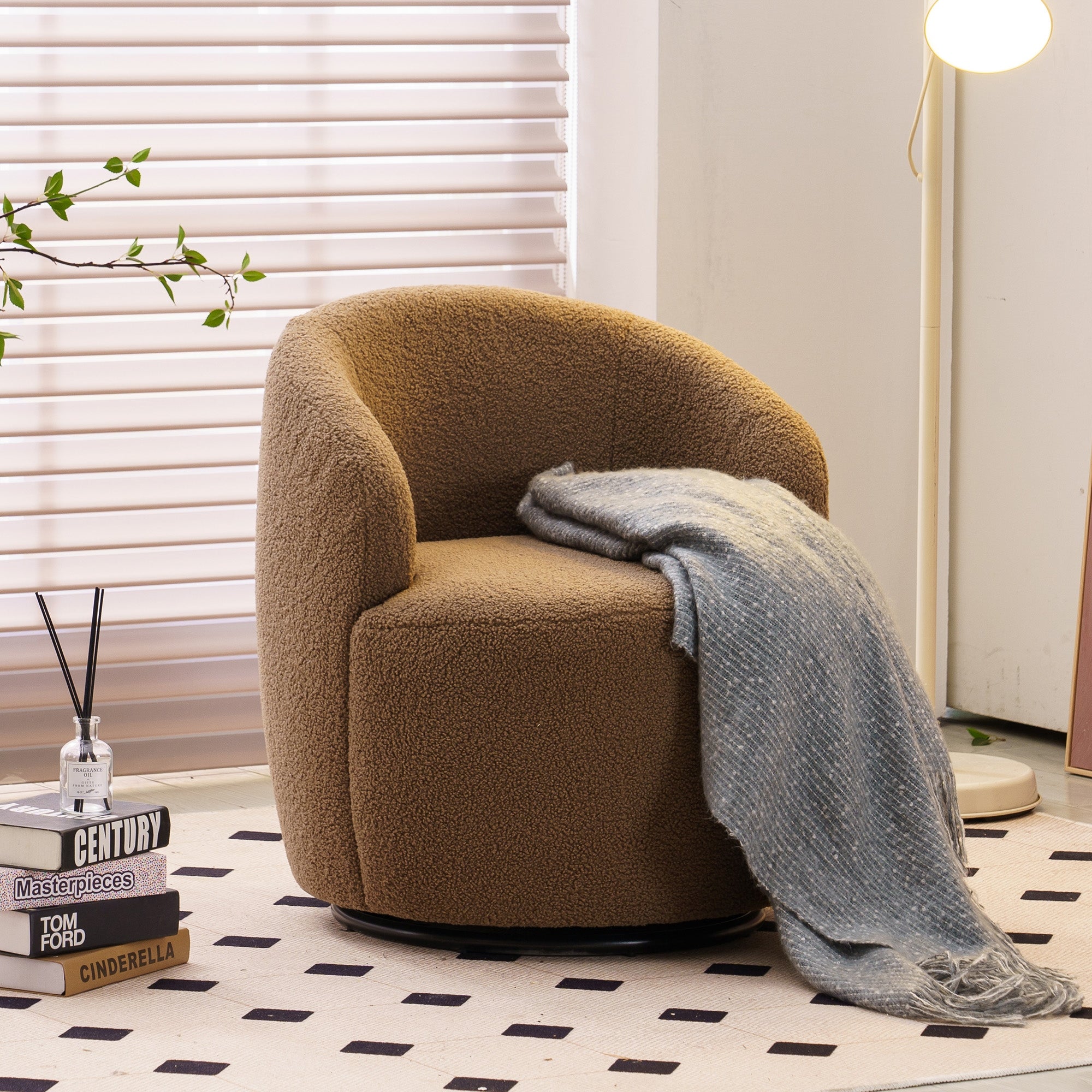 Small Swivel Accent Armchair Barrel Chair， Teddy Fabric， Coffee Brown