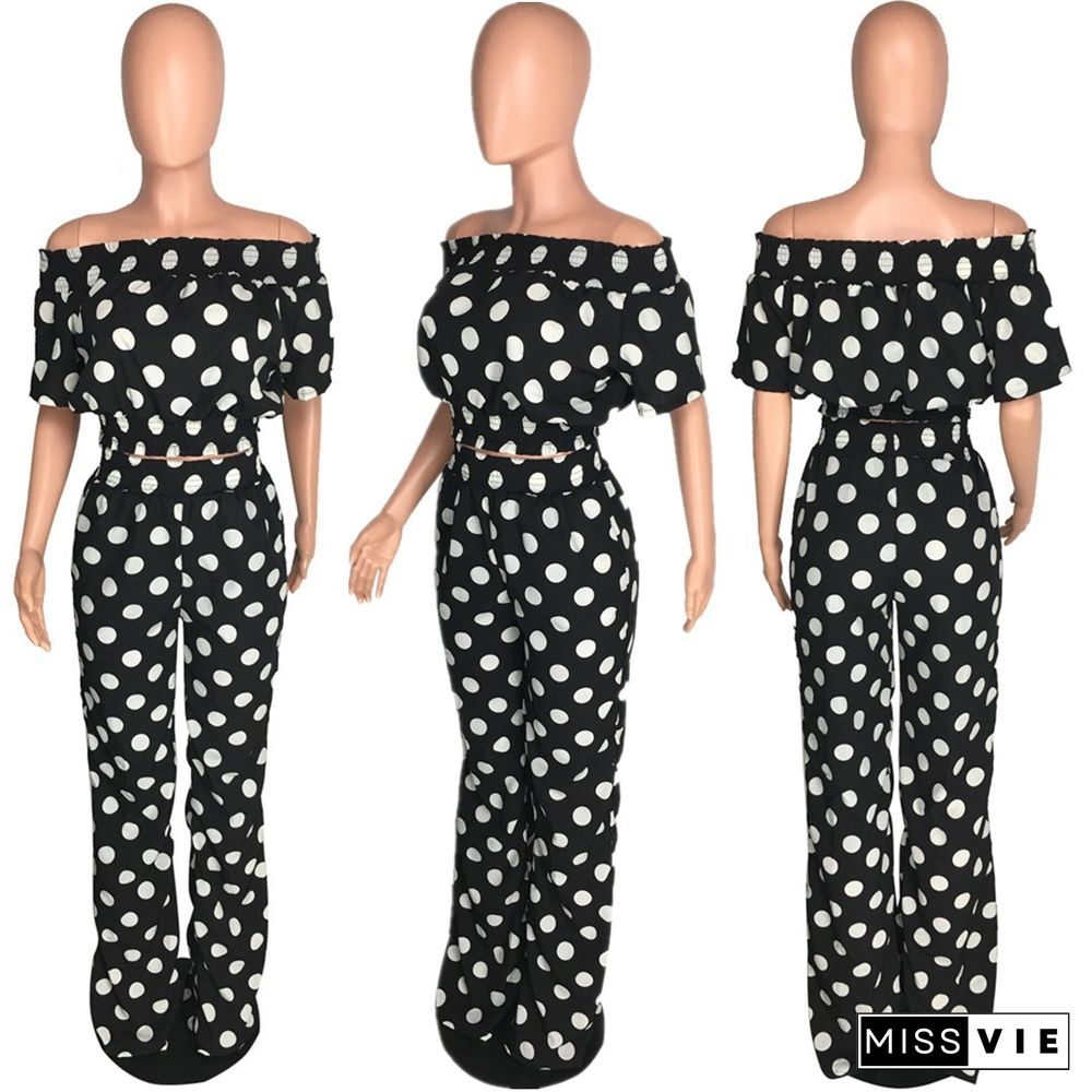 Stylish Off Shoulder Polka-dot Top Wide-leg Pants 2 Piece Set