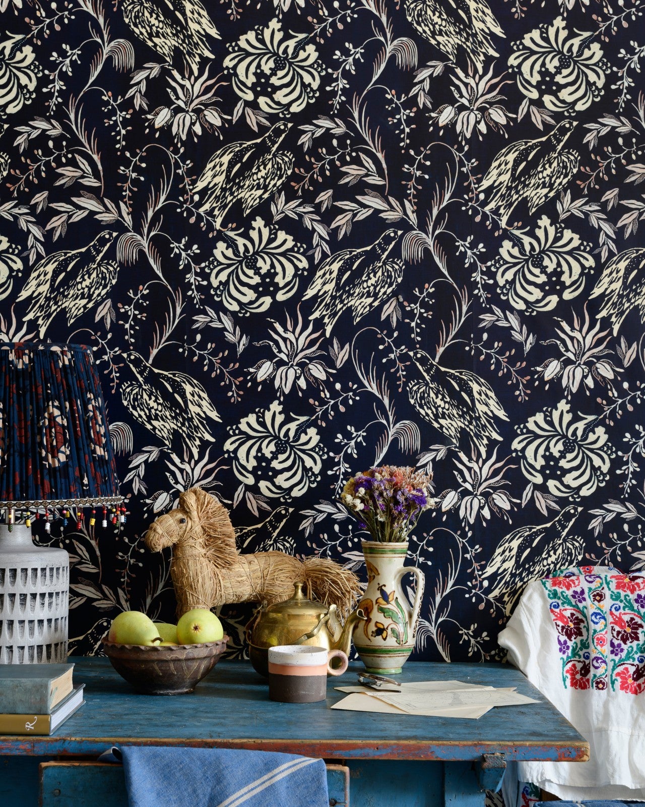 Folk Embroidery Wallpaper in Indigo from the Complementary Collection by Mind the Gap