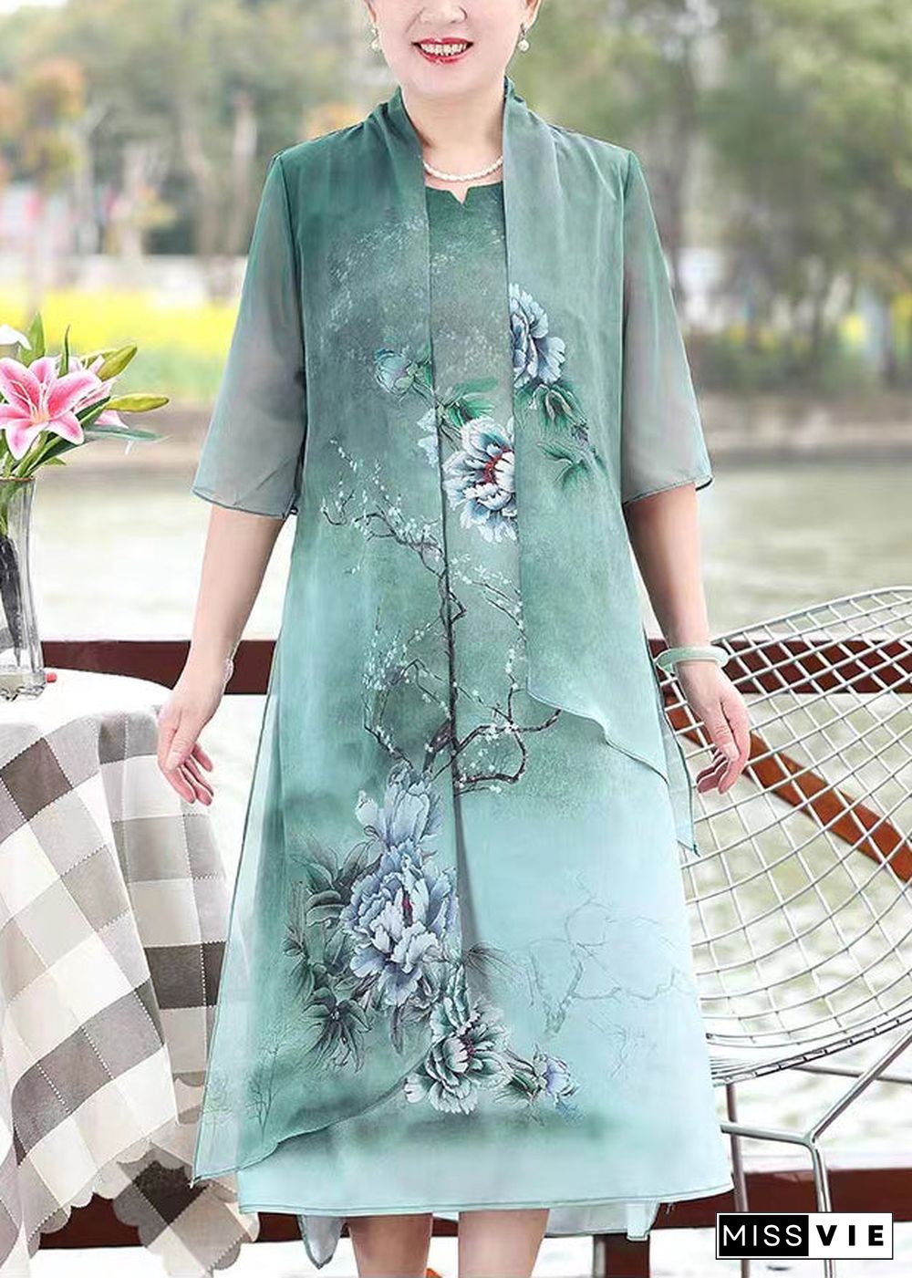 Green Print Patchwork Chiffon Dresses False Two Pieces Summer Half Sleeve