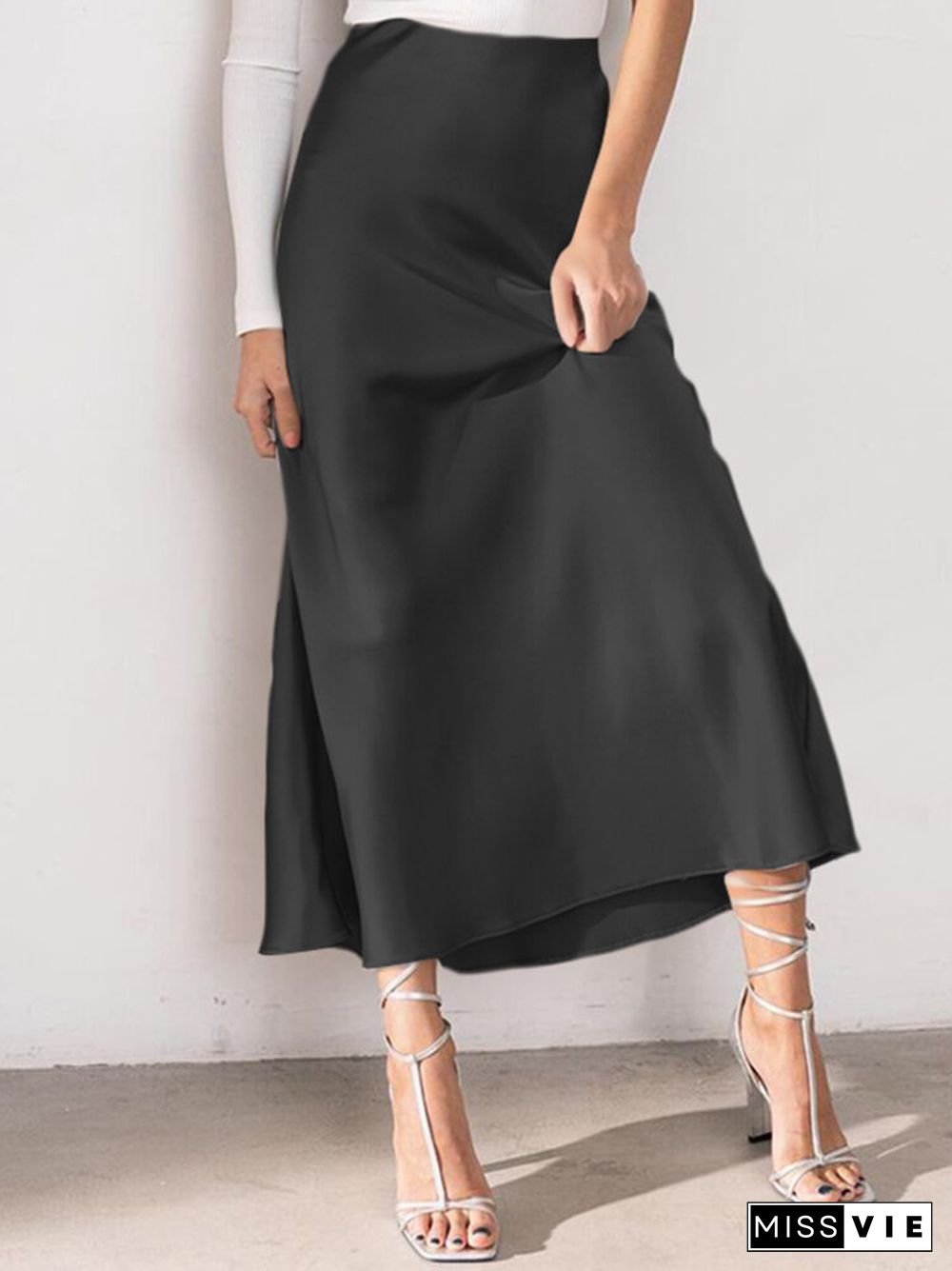 Solid Color Ruched Ankle Length High Waist Skirt