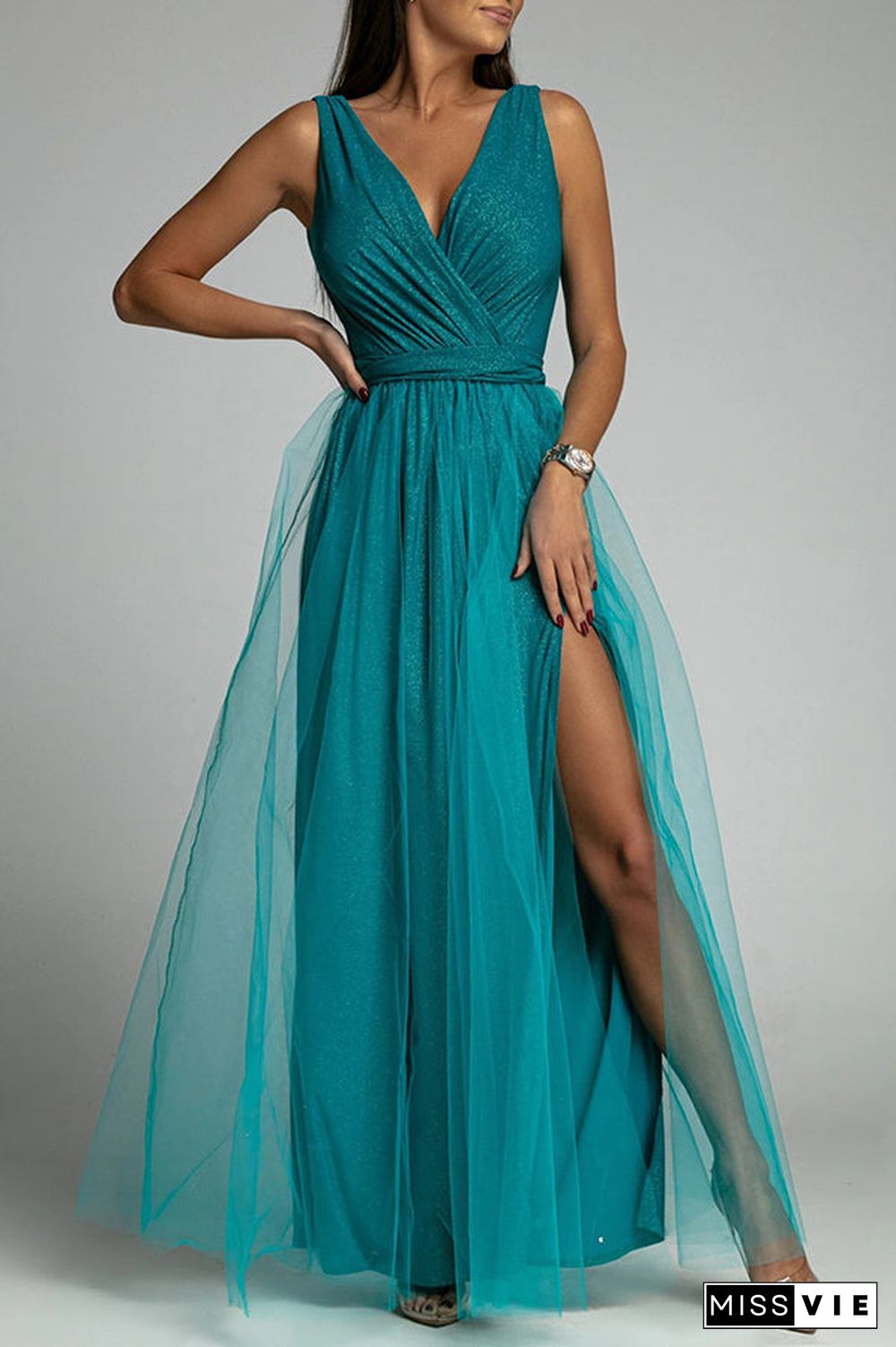 It'S My Day Light Tulle Slit Maxi Dress