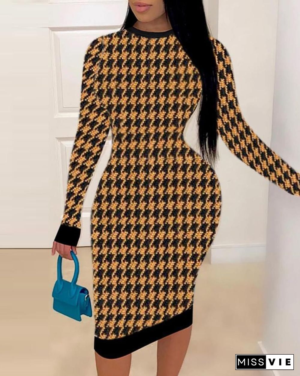 Houndstooth Print Long Sleeve Bodycon Dress P12376