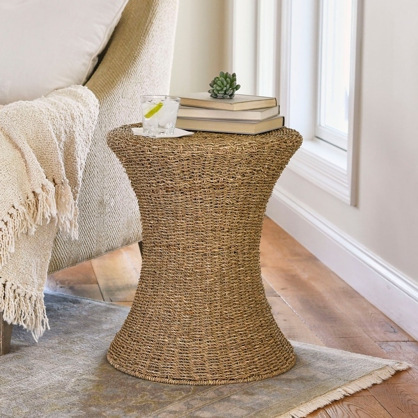 Stained Water Hyacinth Wicker Stool， Handwoven Wicker Braid with Sturdy Metal Frame， Lightweight Hourglass Profile