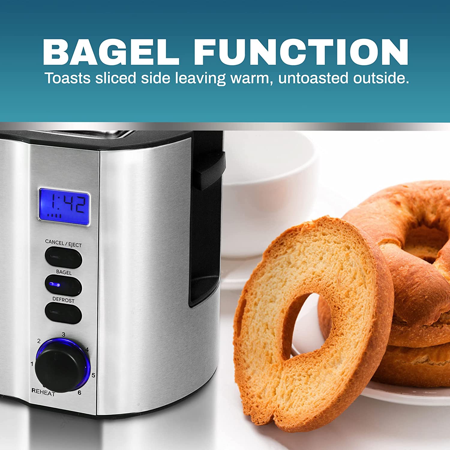 Elite Gourmet ECT4400B# Long Slot 4 Slice Toaster， Countdown Timer， Bagel Function， 6 Toast Setting， Defrost， Cancel Function， Built-in Warming Rack， Extra Wide Slots for Bagel Waffle， Stainless Steel