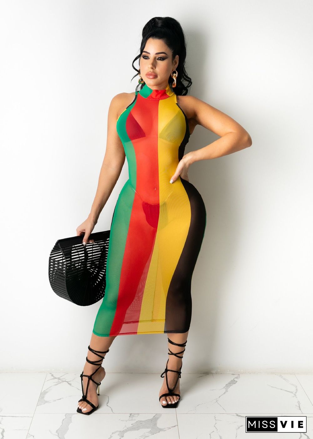 Sexy Mesh Print Color Striped Sleeveless Bodycon Midi Dress