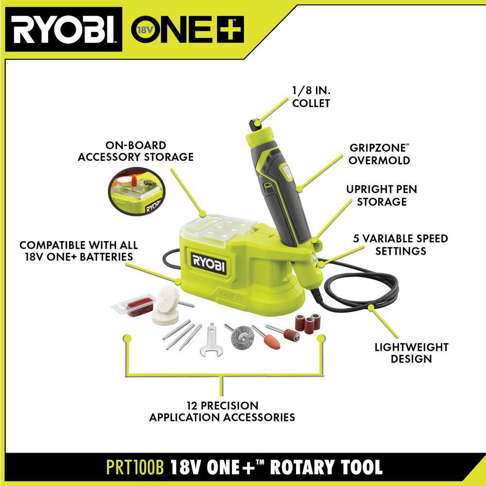 RYOBI ONE+ 18V Lithium-Ion 4.0 Ah Compact Battery (2-Pack) and Charger Kit with Free Cordless Precision Rotary Tool PSK006-PRT100B