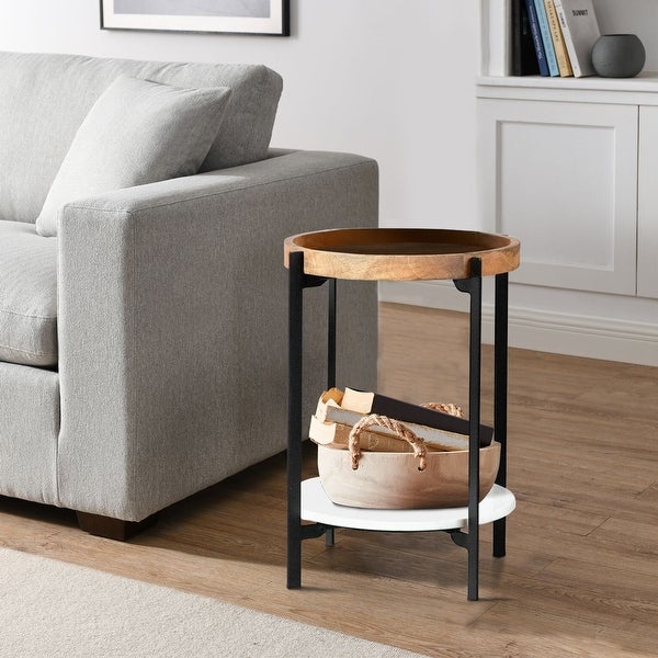 24 Inch Modern End Accent Table， Round Marble Shelf， Wood， White， Brown