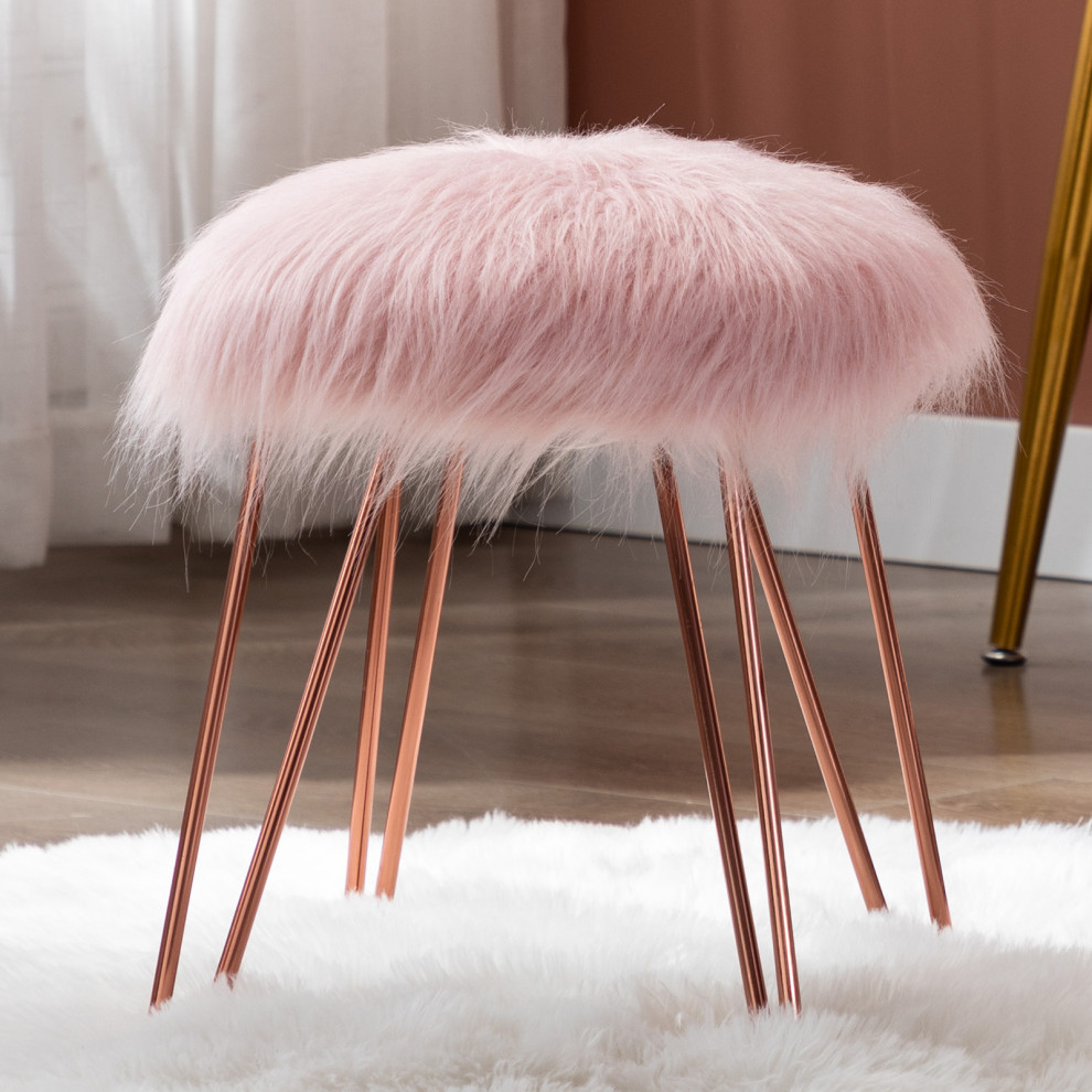 Fluffy Faux Fur Hairpin Legs Vanity Stool   Midcentury   Vanity Stools And Benches   by Duhome inc  Houzz