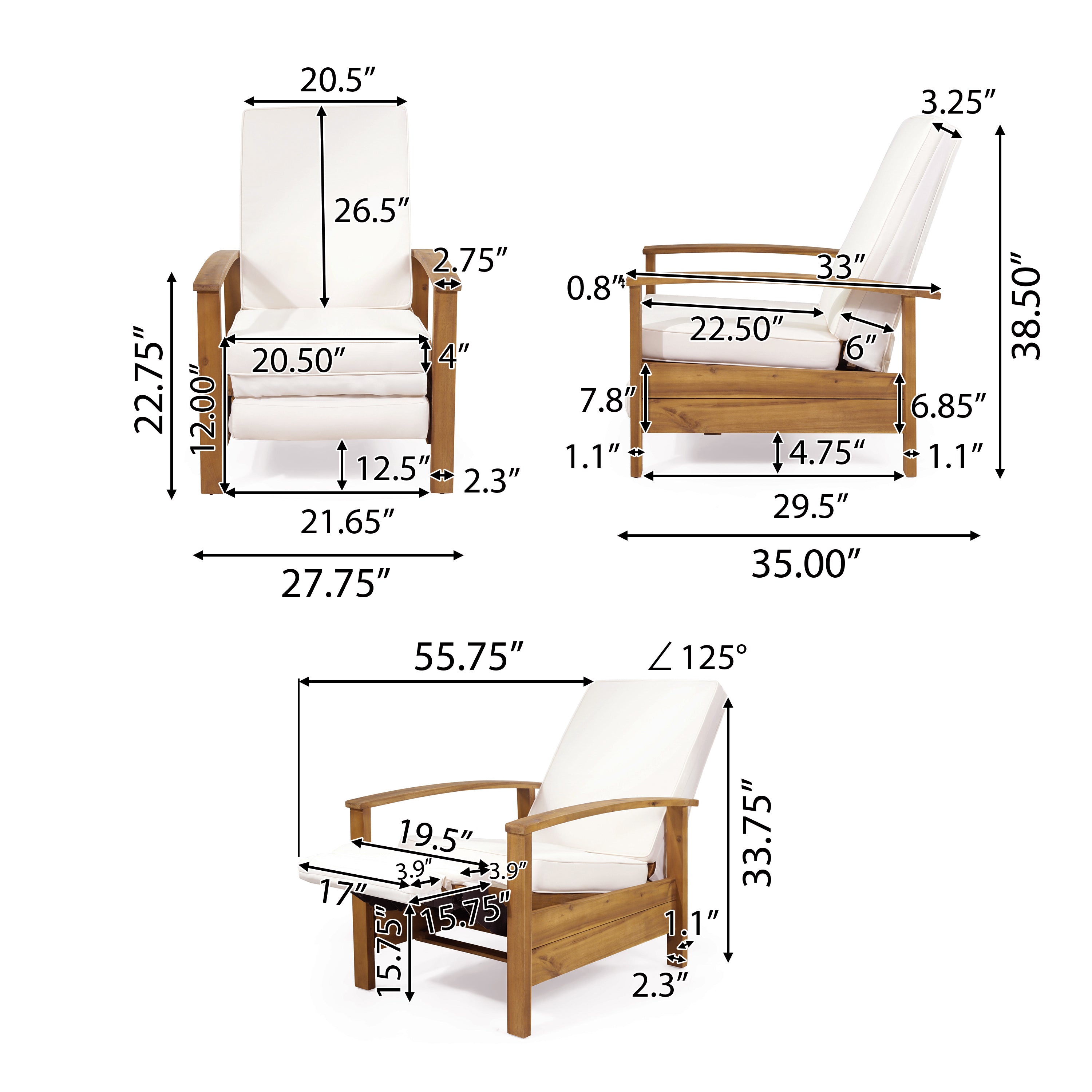 Mary Outdoor Acacia Wood Push Back Recliner with Cushion