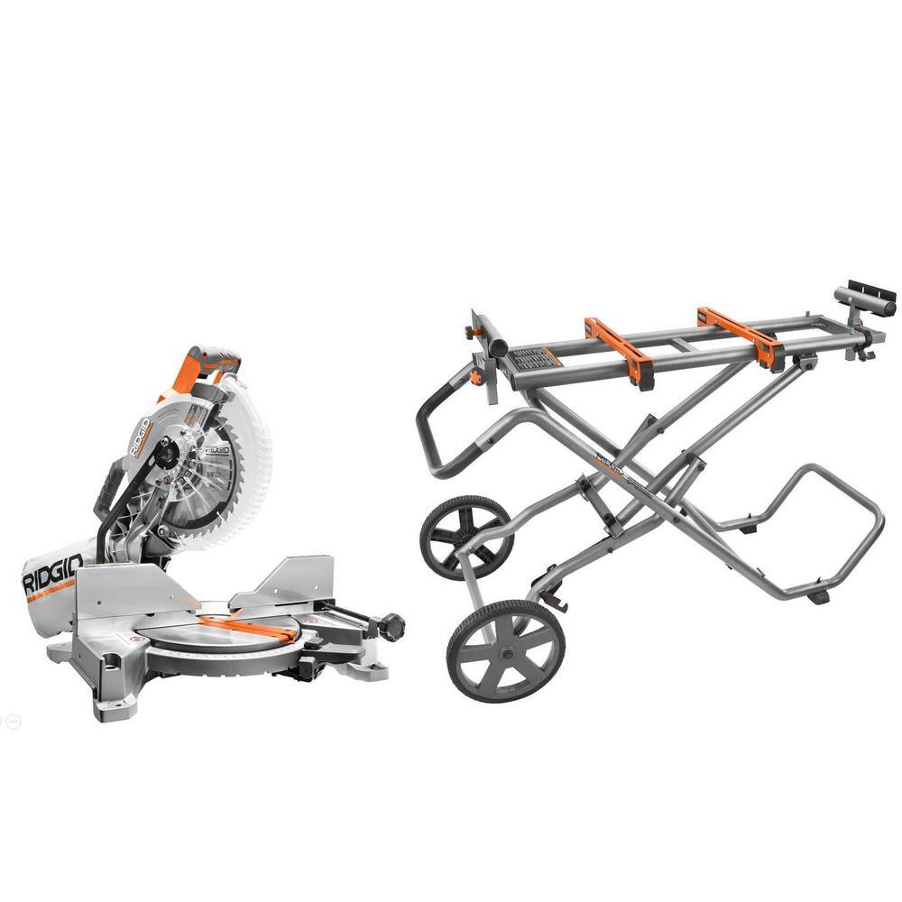 RIDGID 15 Amp Corded 10 in. Dual Bevel Miter Saw with LED Cut Line Indicator and Universal Mobile Miter Saw Stand R4113-AC9946