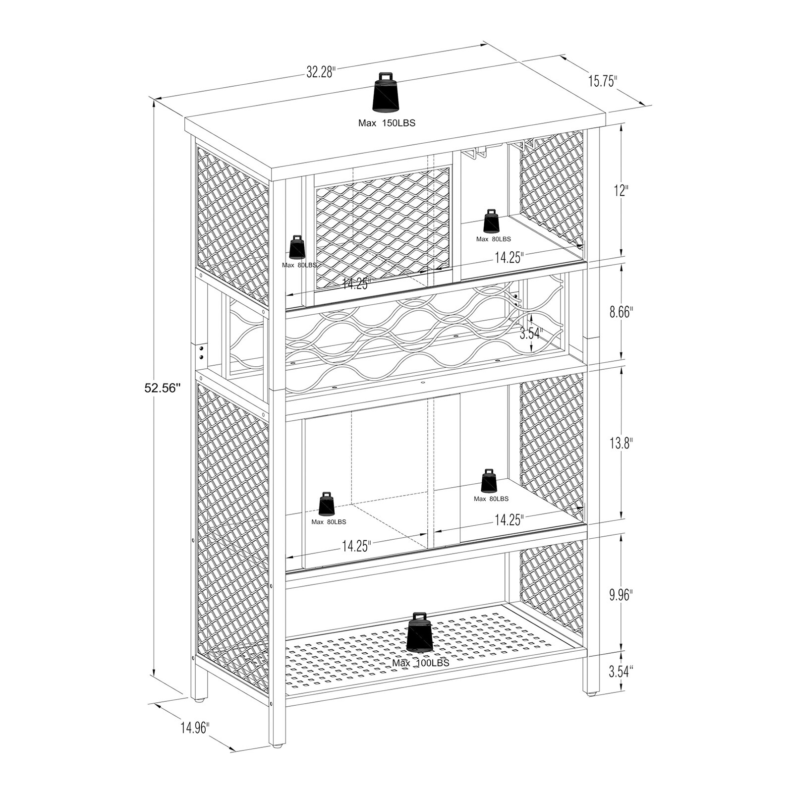 KALEFU Industrial Bar Cabinet with Wine Rack for Liquor and Glasses， Wood and Metal Cabinet for Home Kitchen Storage Cabinet