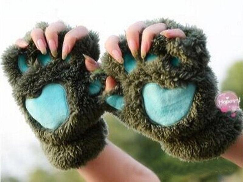 Lovely Fluffy Bear Cat Plush Gloves