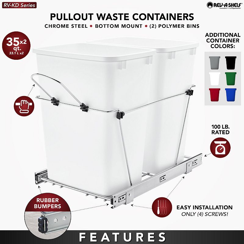 Rev-a-shelf Double Pull Out Trash Can 35 Qt For Kitchen， Redblk， Rv-18kd-1618c-s