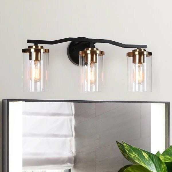 Modern Farmhouse Black Gold 3-Light Bathroom Vanity Lights Cylinder Glass Wall Sconces - 21