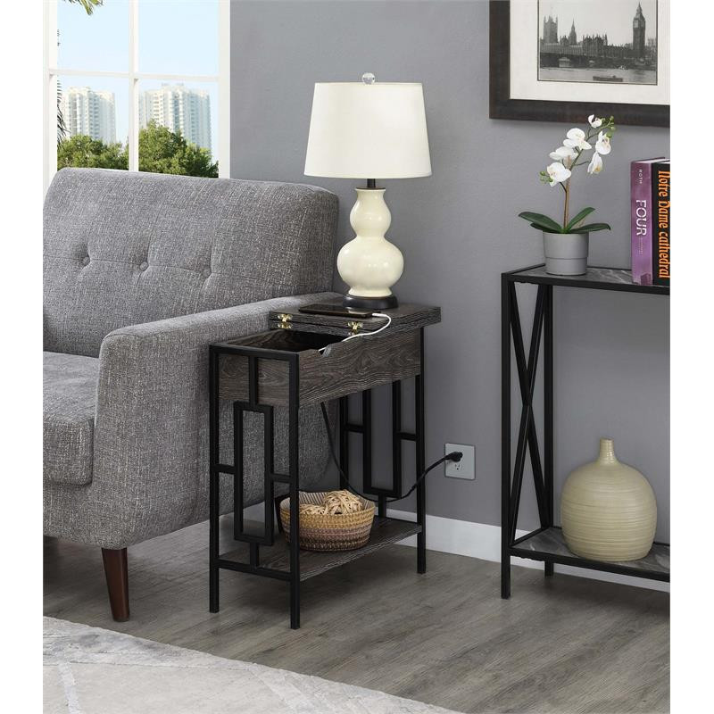 Town Square Flip Top End Table with Charging Station in Weathered Gray Wood   Industrial   Side Tables And End Tables   by Homesquare  Houzz