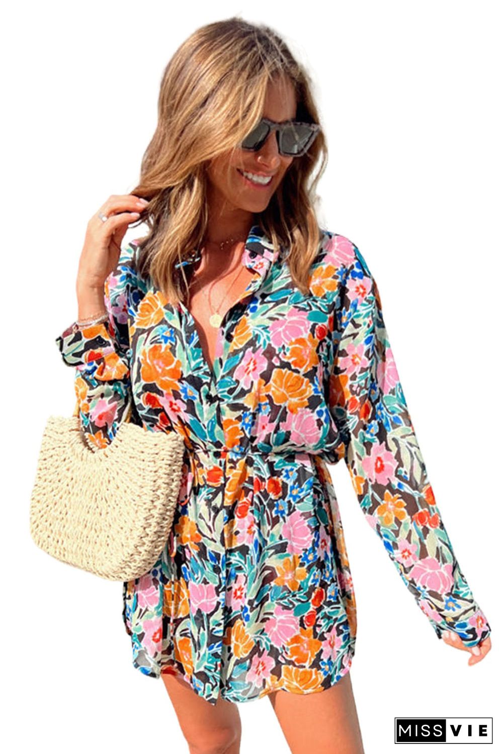 Multicolor Floral Buttoned Collared Long Sleeve Mini Dress