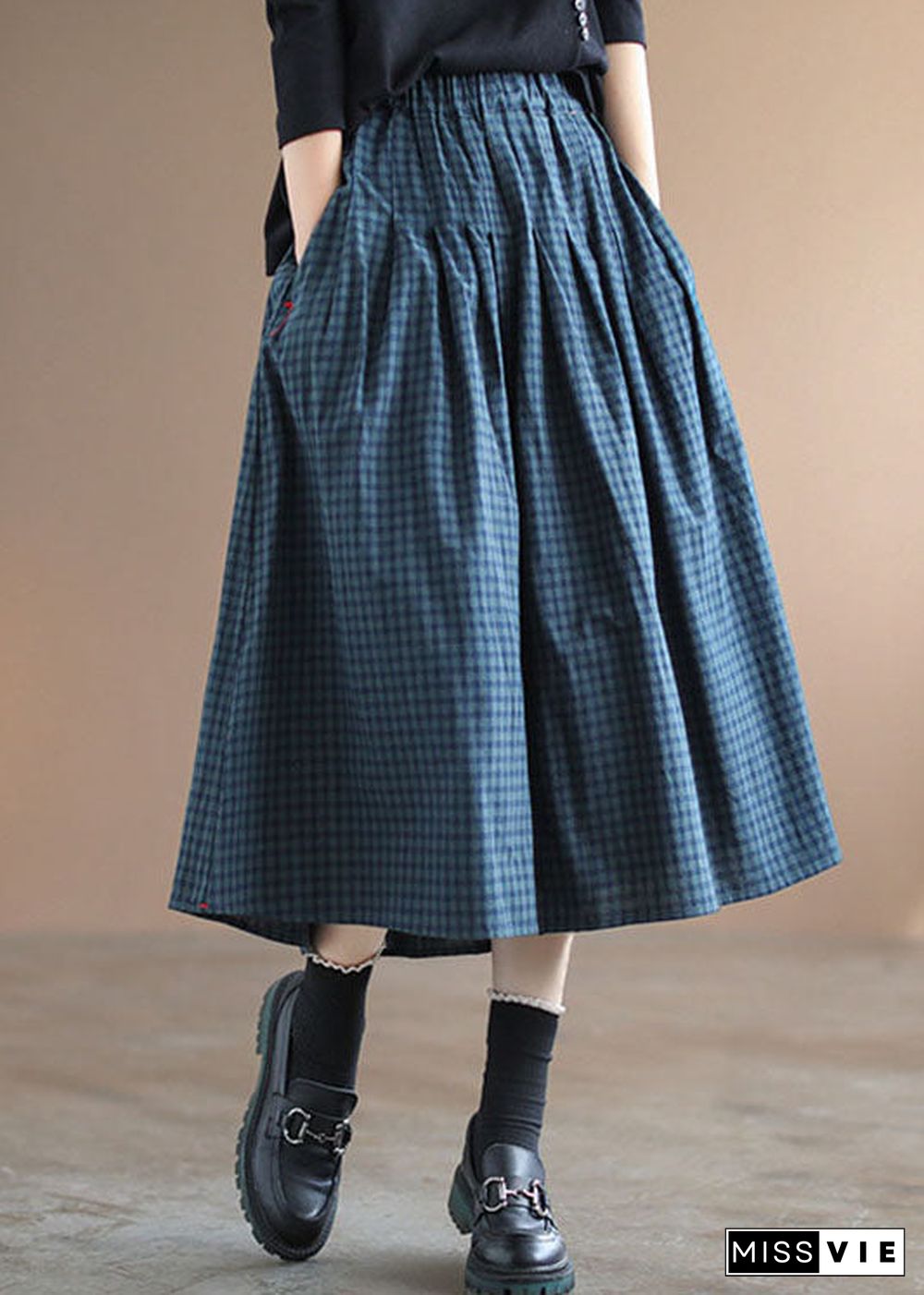 Handmade Blue Plaid Elastic Waist Pockets Fall Skirt