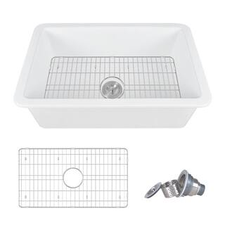 DEERVALLEY Glen White Rectangular Fireclay 32 in. Single Bowl UndermountDrop-In Kitchen Sink with Basket Strainer and Sink Grid DV-1K513