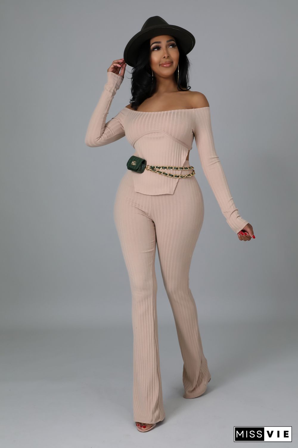 Off Shoulder Long Sleeve Top Flared Pants Set