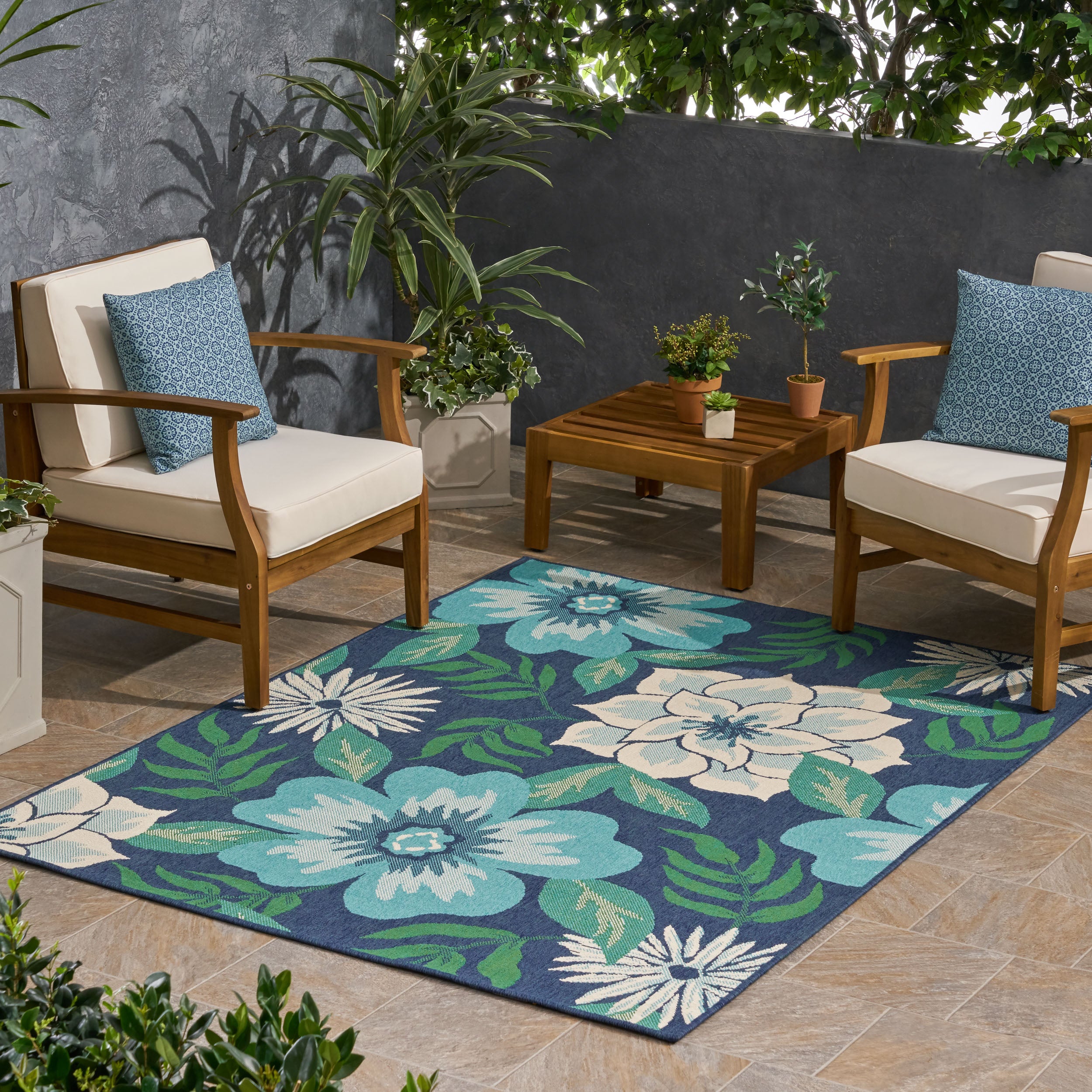 Truda Outdoor Floral Area Rug, Blue and Green