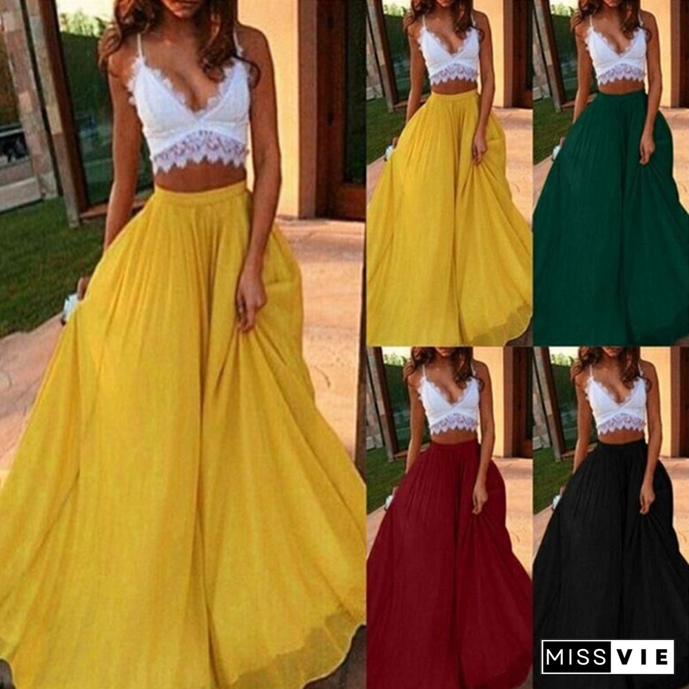 4 Color Women Summer Solid High Waist Skirt Plus Size Elastic Waist Big Swing Long Dress Fashion Loose Maxi Dresses