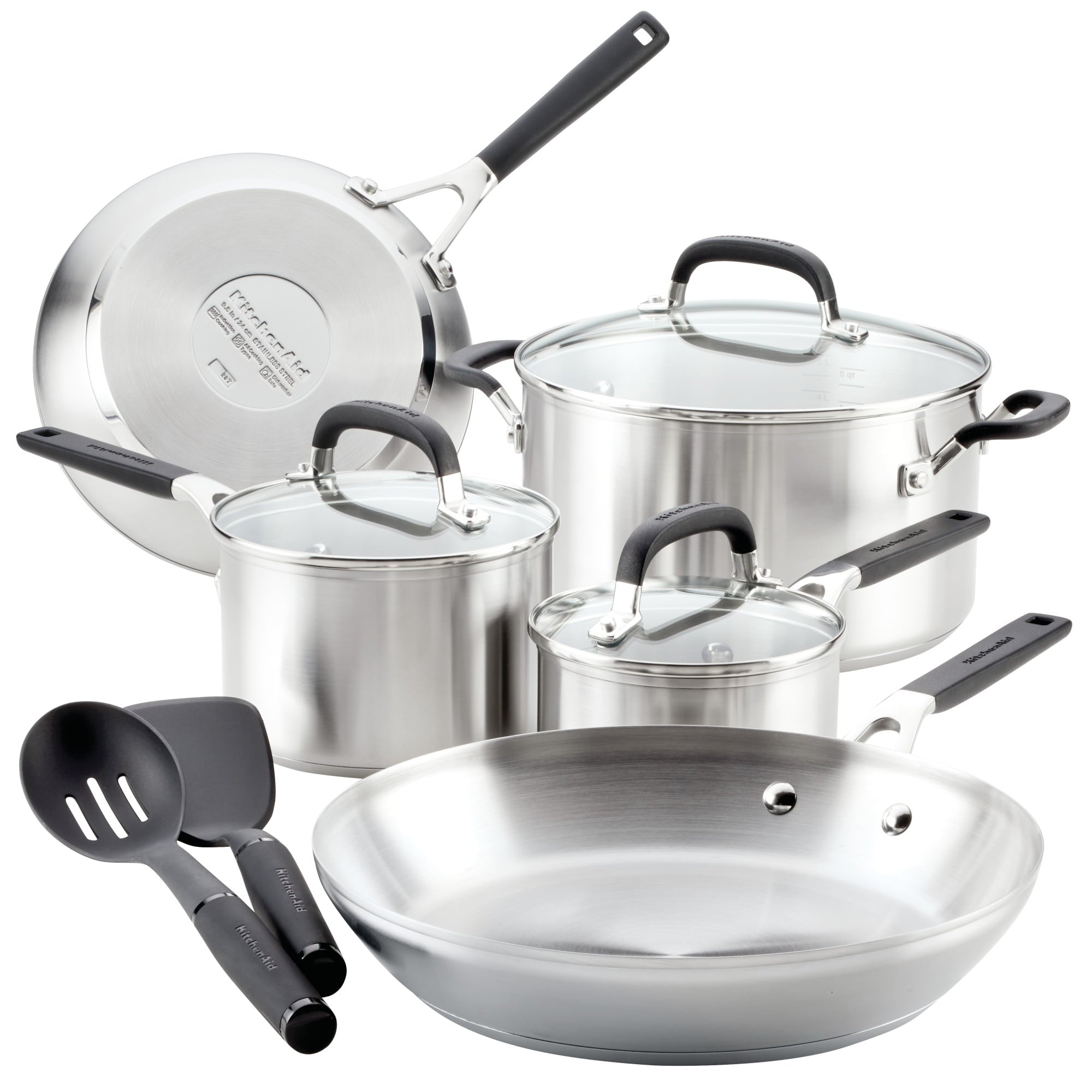 KitchenAid Stainless Steel Cookware Set, 10-Piece, Brushed Stainless Steel