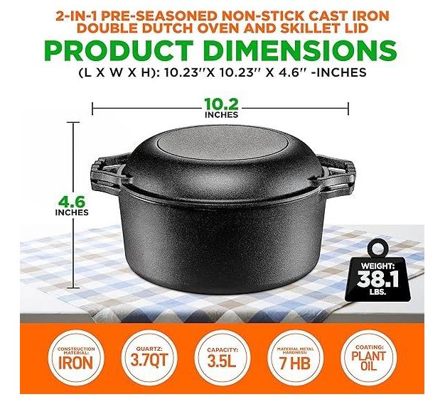 Nutrichef 2 in 1 Pre seasoned Non stick Cast Iron Double Dutch Oven And Skillet Lid