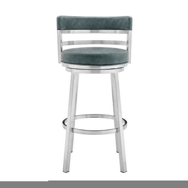 Eva 30 Inch Padded Swivel Bar Stool Chair， Steel Finish， Blue Faux Leather