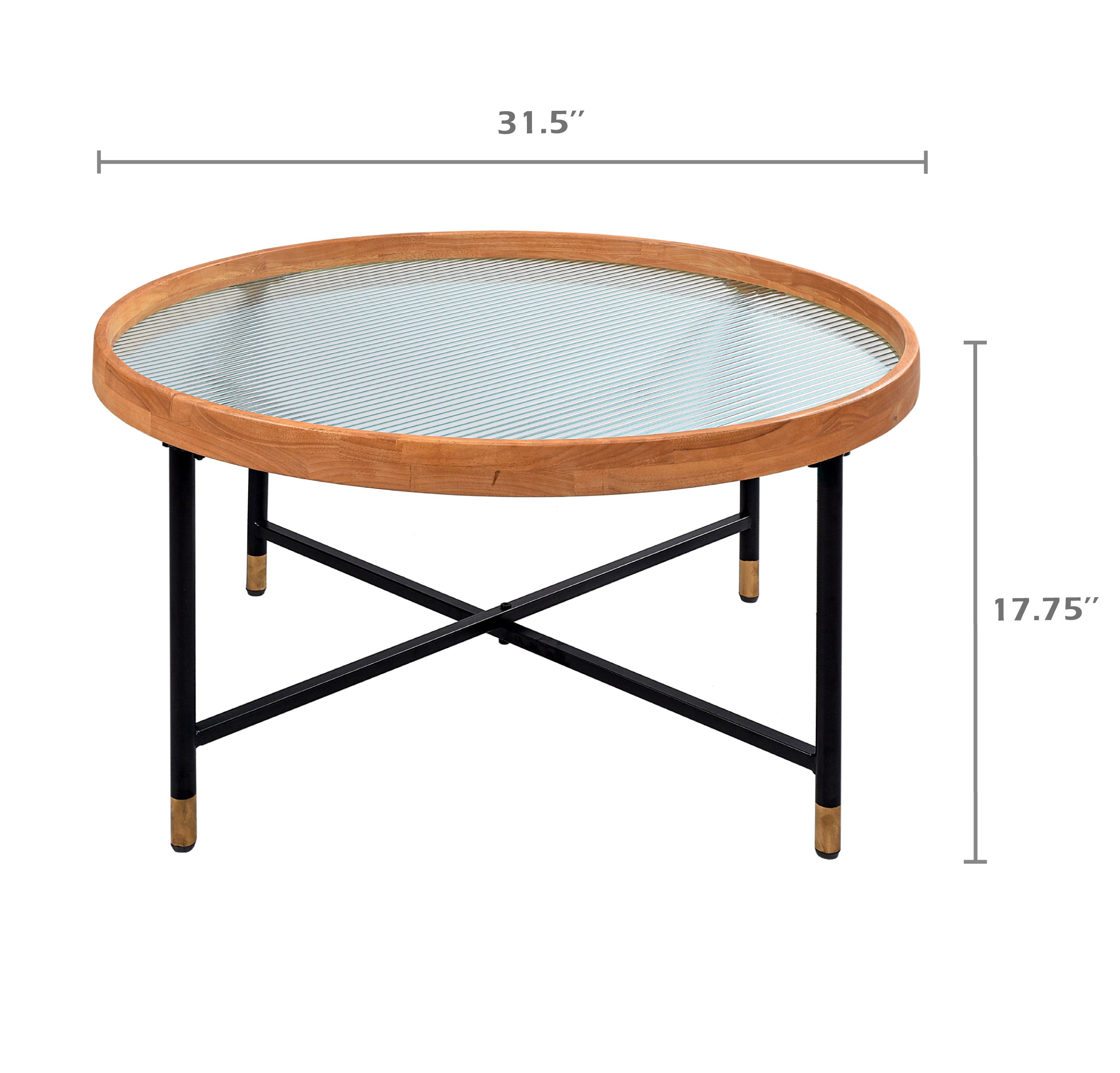 COZAYH Farmhouse Glass Coffee Table, Tempered Architectural Glass Top, Rubberwood Tray and Metal Frame, Reeded Pattern, Round