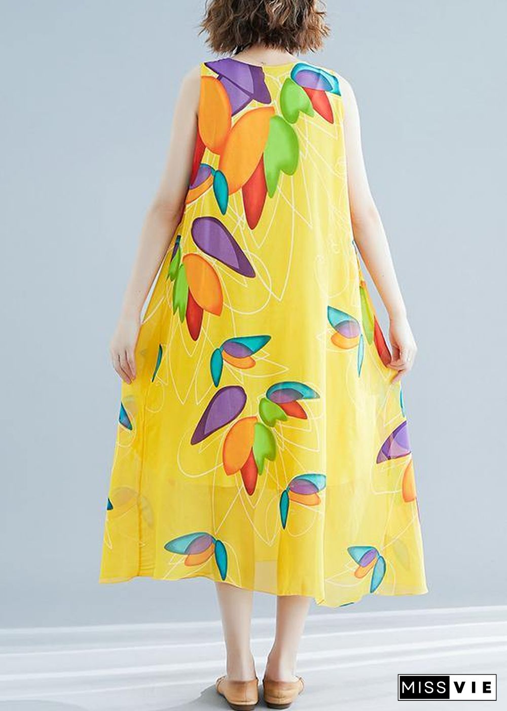 Beautiful yellow print chiffon Robes Korea Tutorials o neck false two pieces long Summer Dress