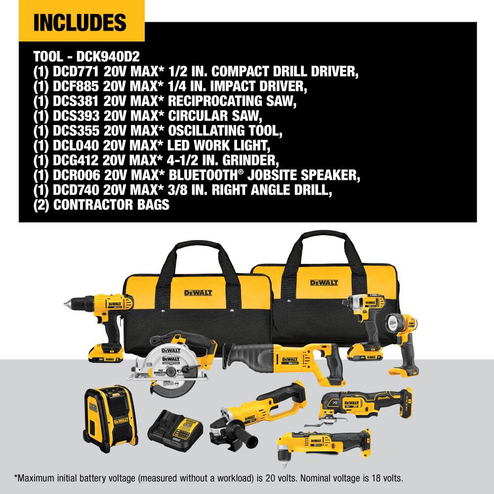 DW 20V Max 9 Tool Combo Kit with Soft Case DCK940D2 from DW