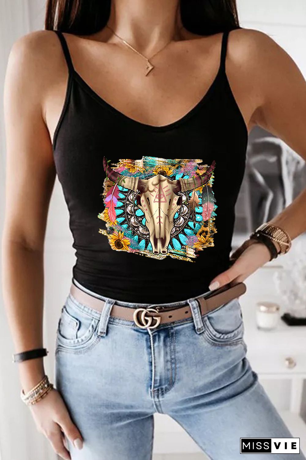 Western Boho Skull Printed Slip Tank Top Wholesale