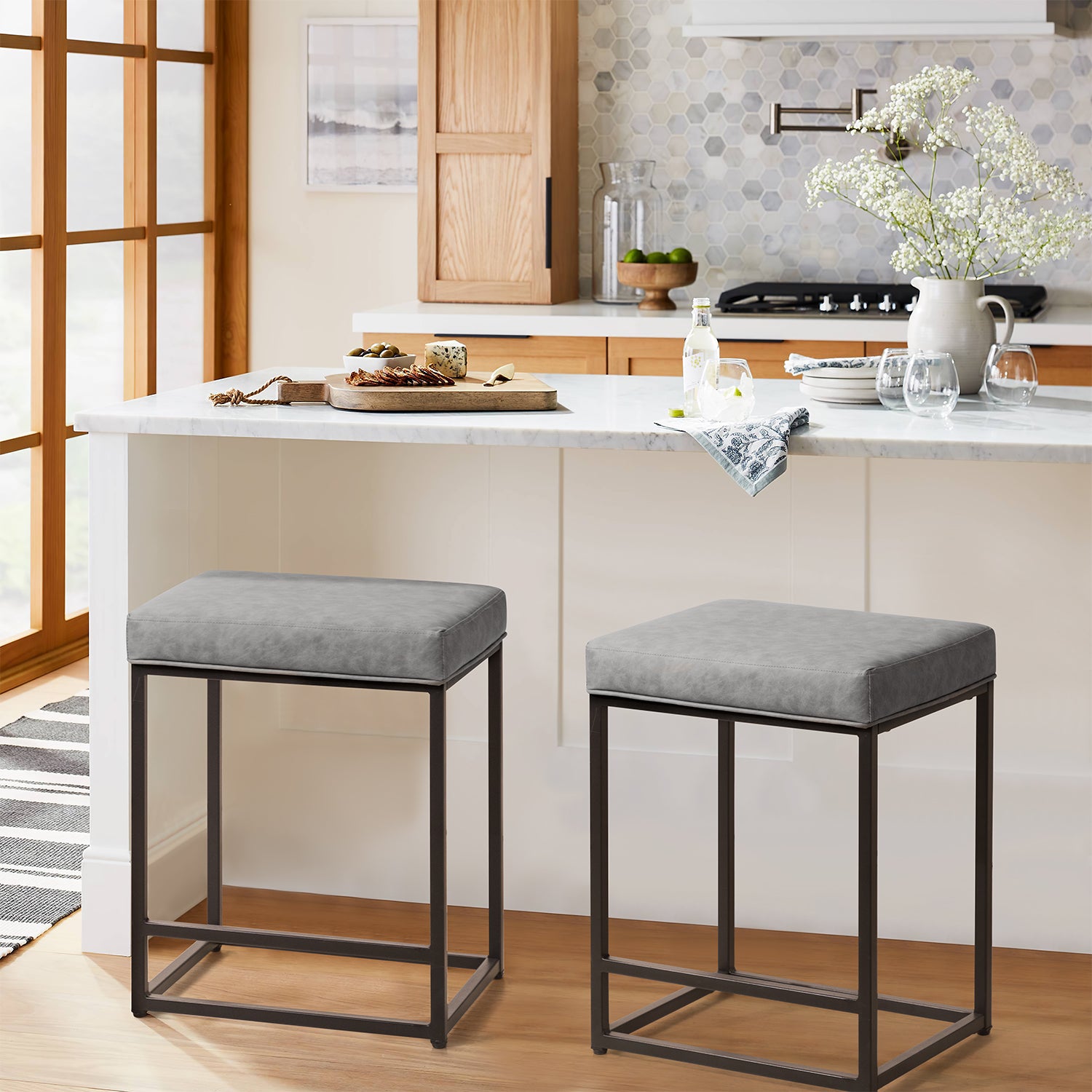 Homall 24 Upholstered Counter and Bar Stool with Footrest， Set of 2，Black