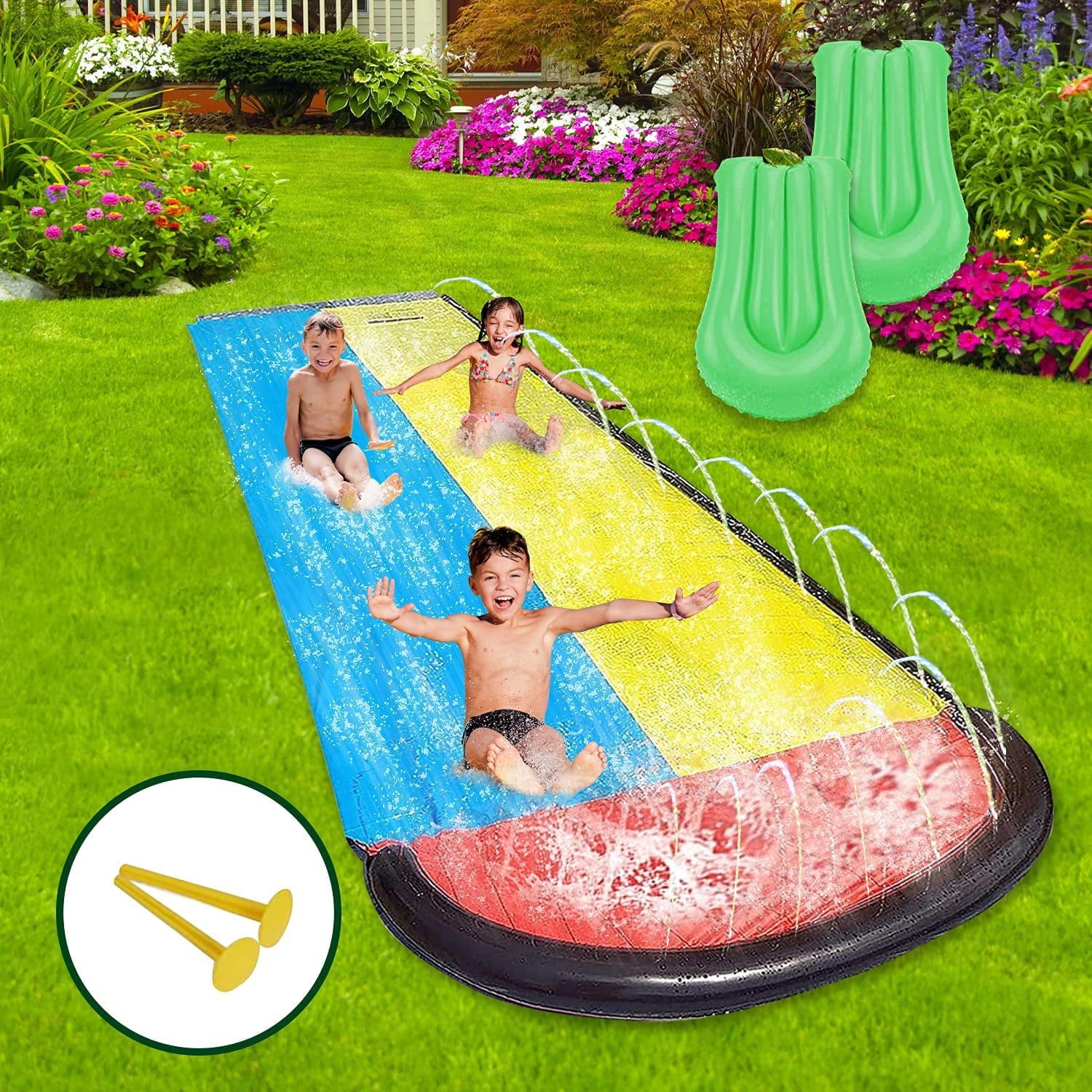 Autumn Water Water Slide, Water Splash Racing Lanes with Sprinklers and Inflatable Crash Pad, Kids Lawn Garden Outdoor Party Water Toys (15.5ft)