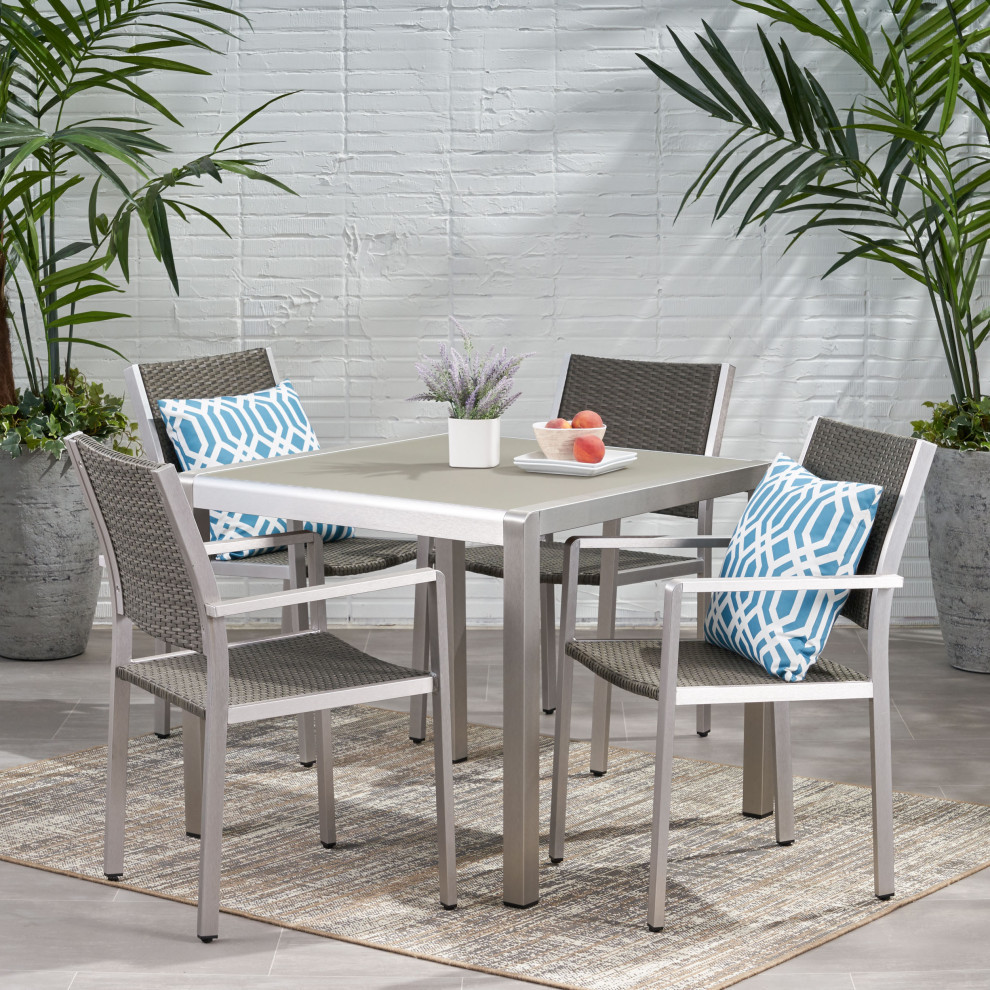 Bennington Patio 4 Seater Aluminum Dining Set With Tempered Glass Table Top   Tropical   Outdoor Dining Sets   by GDFStudio  Houzz