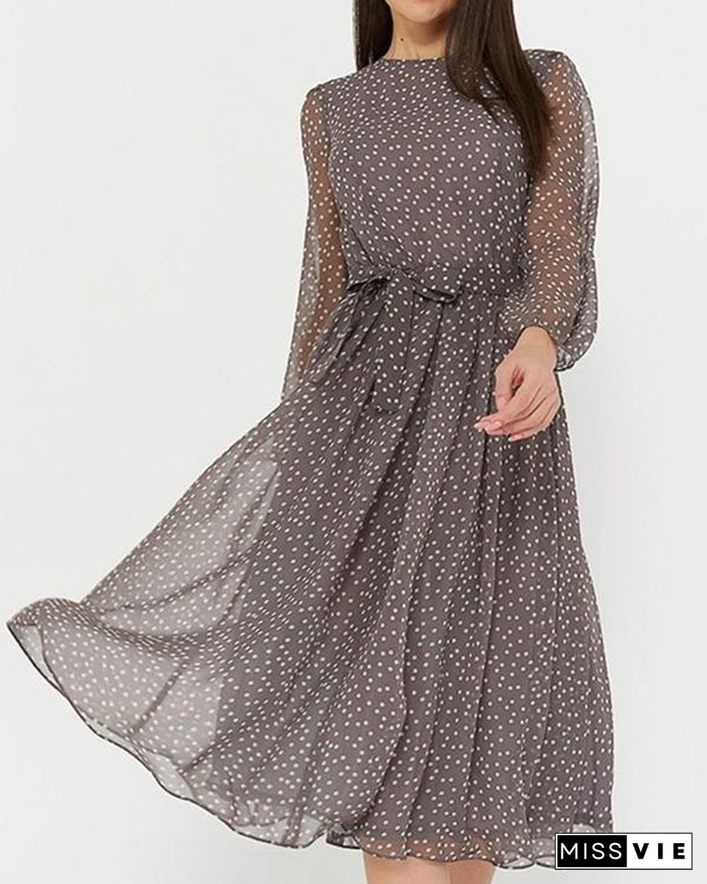 Elegant Chiffon Floral/Dot Print Long Sleeve Spring Women Dresses