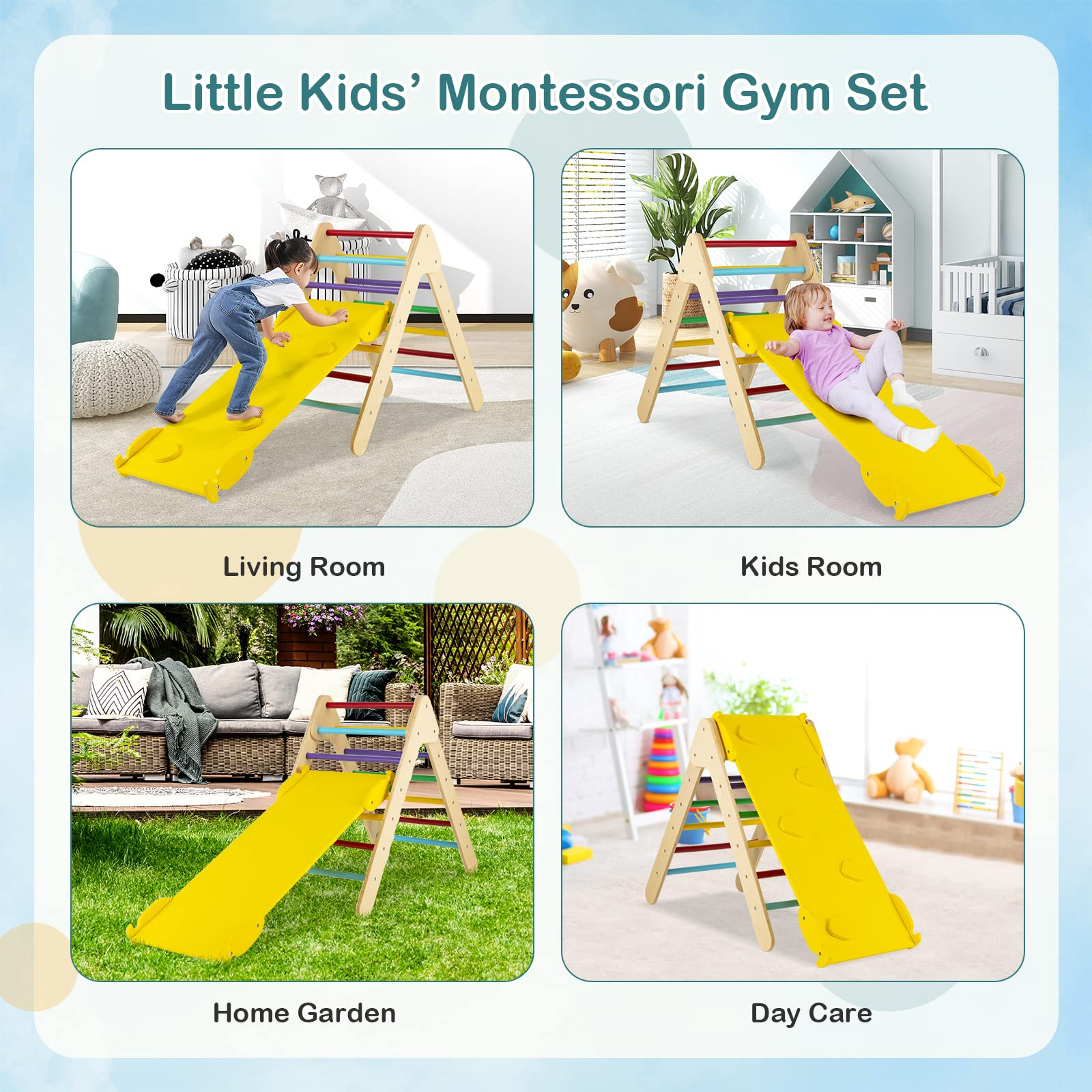 Costzon Wooden Climbing Toys for Toddlers, 3 in 1 Montessori Triangle Climber with Adjustable Angle Ramp for Climb & Slide