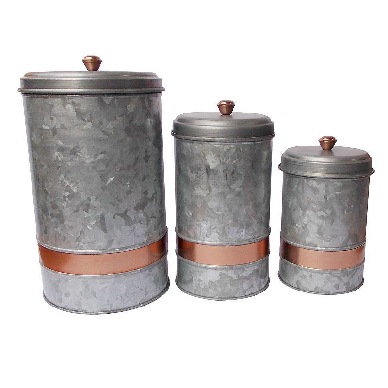 Benzara Galvanized Metal Lidded Canister With Copper Band， Set of Three， Gray