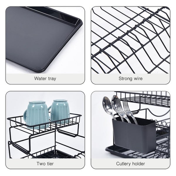 2 Tier Dish Drainer with Water Tray Cutlery Holder， Black