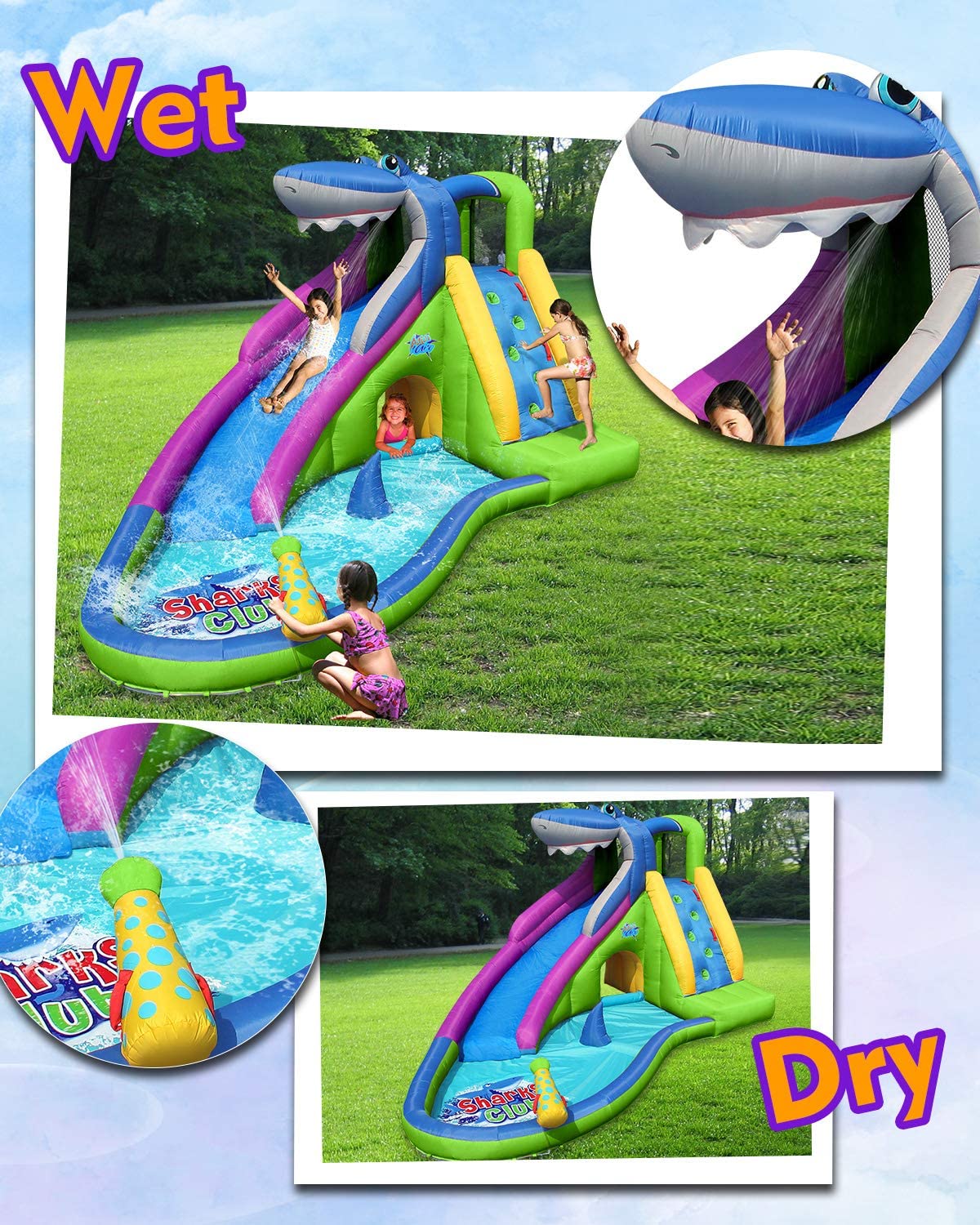 ACTION AIR Inflatable Water Slide, Backyard 15' Bounce House with Water Gun and Splash Pool for Wet and Dry Play, Christmas Gift Idea for Kids