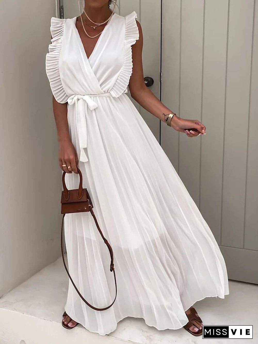 Summer New Elegant Sleeveless V-Neck Pleated Dress Ladies Fashion Solid Lace-Up Long Dress Women Casual Office Loose Dress