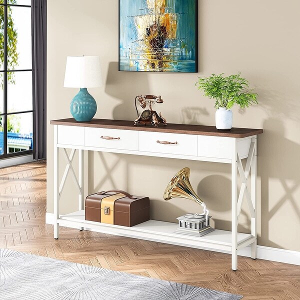 70.9 Inch Extra Long Console Table Sofa Table with Drawers，Walnut/White