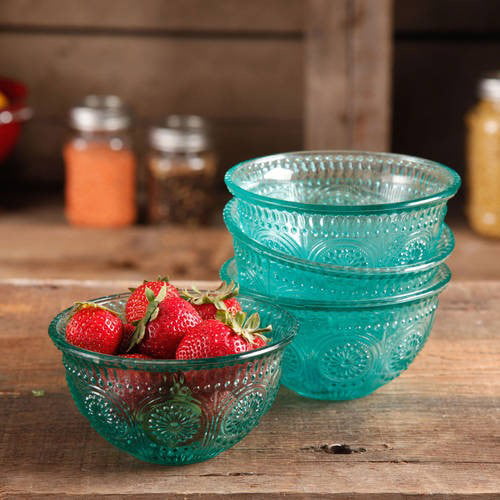 The Pioneer Woman Adeline 4-Piece 13-Ounce Embossed Glass Bowl Set， Teal