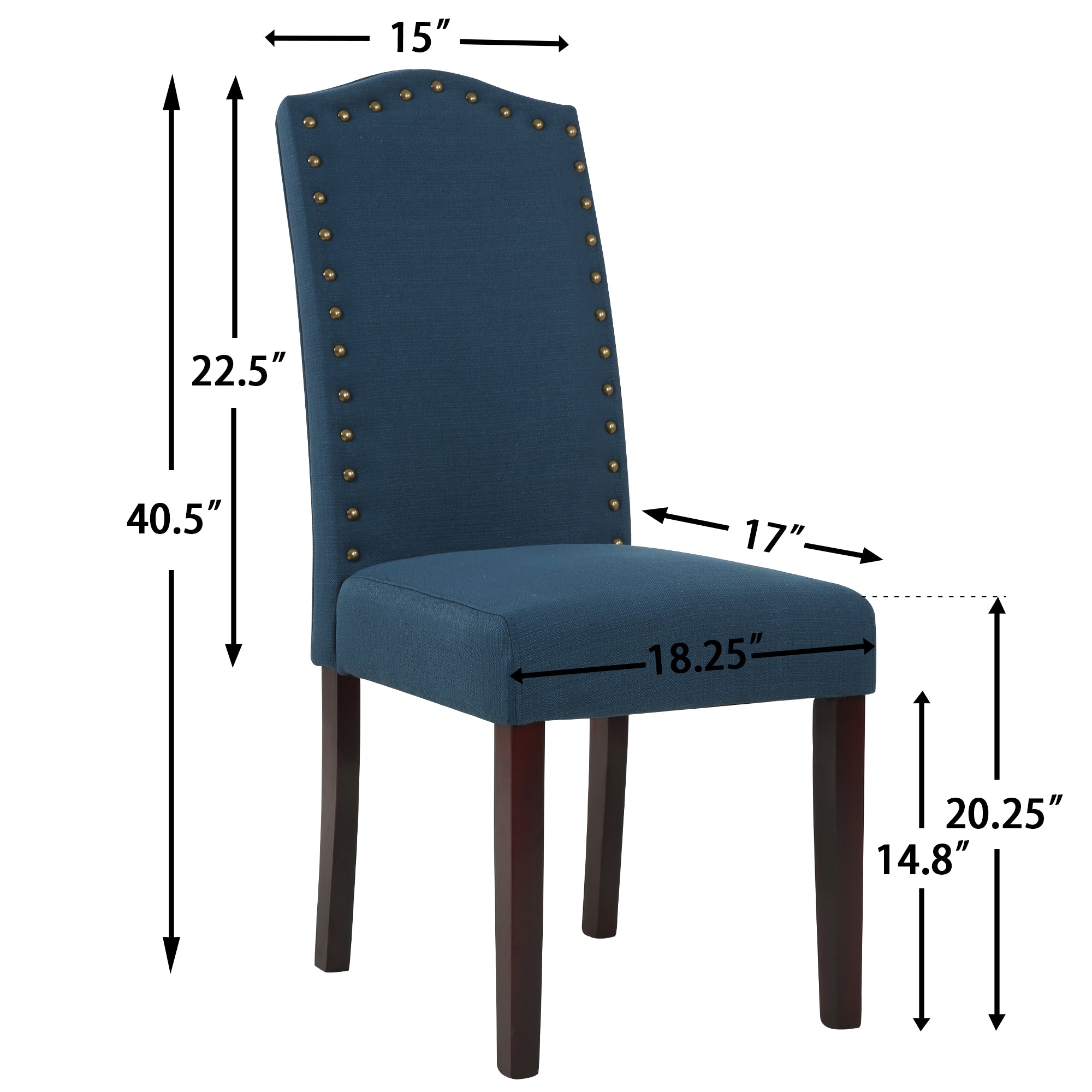 High Back Fabric Upholstered Dining Chairs with Nailhead Trim， Blue， Set of 2