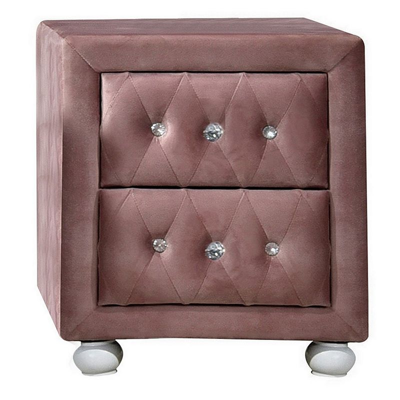 Rex 17 Inch Modern Upholstered Nightstand， 2 Drawer， Crystal Handles， Pink