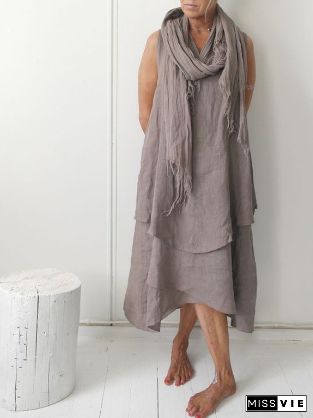 V Neck Linen Plain Casual Casualdress